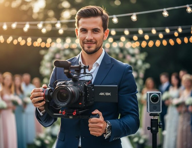 Photographer filming a wedding with a stabilized camera and gimbal rig under warm golden hour lighting.