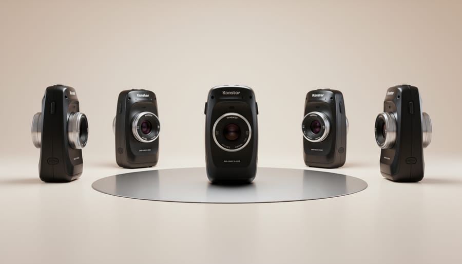 Videographer using a 360-degree camera rig in a modern showroom around a product display