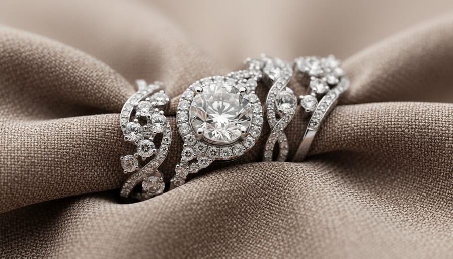Close-up of a wedding veil and ring beside a camera lens in a softly lit scene