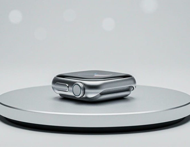 Polished electronics product centered on a studio turntable with soft diffused lighting and a minimal gray background.