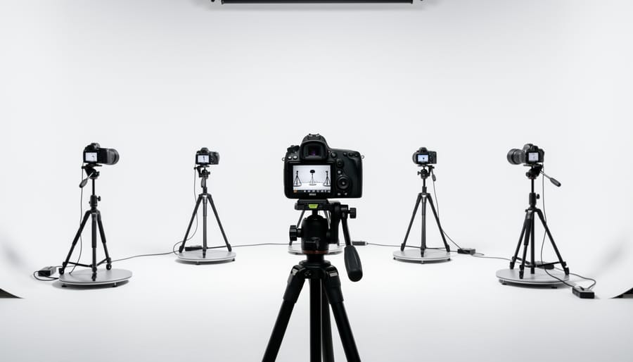 DSLR camera on a tripod aimed at a turntable in a controlled studio environment