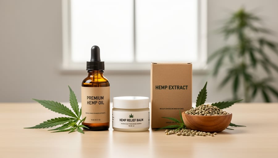 Hands arranging hemp-derived product bottles and packaging in a minimal studio set with natural window light