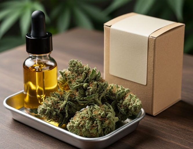 Close-up of hemp flower buds with sparkling trichomes next to a CBD oil dropper bottle and minimal kraft-style packaging on a dark wood background.