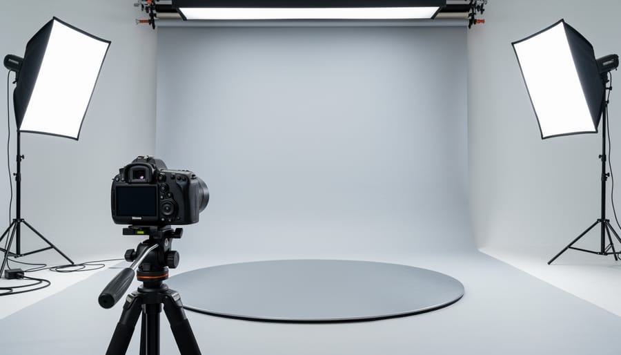 Neutral product mug sitting centered on a turntable in a studio with soft diffused lighting