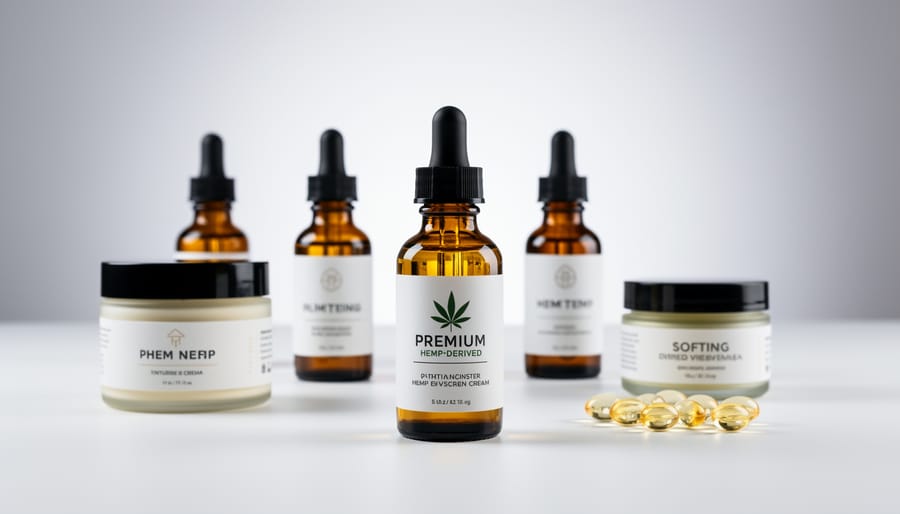 Studio photo of hemp-derived tincture bottles and topical jar on a matte black background with visible dropper and detailed textures