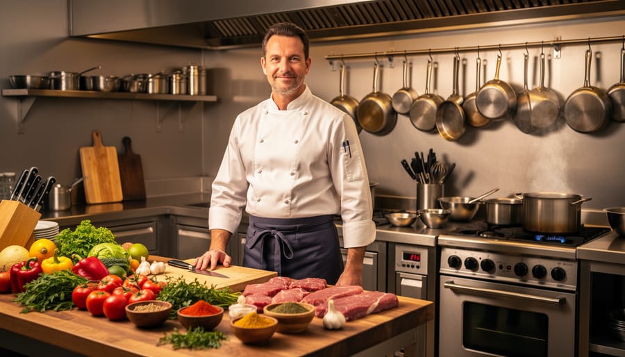 Chef in a home kitchen framed by cookware, herbs, and warm window light.