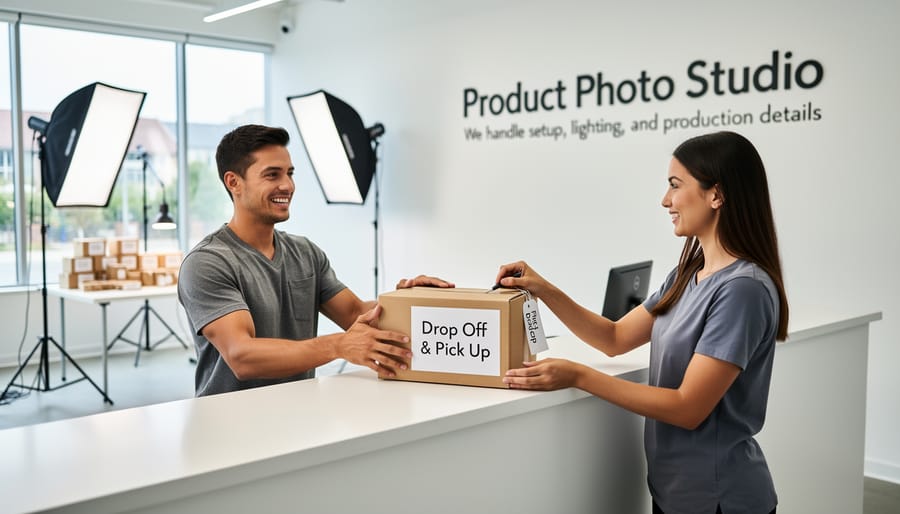 Client dropping off items in a padded box at a photography studio counter