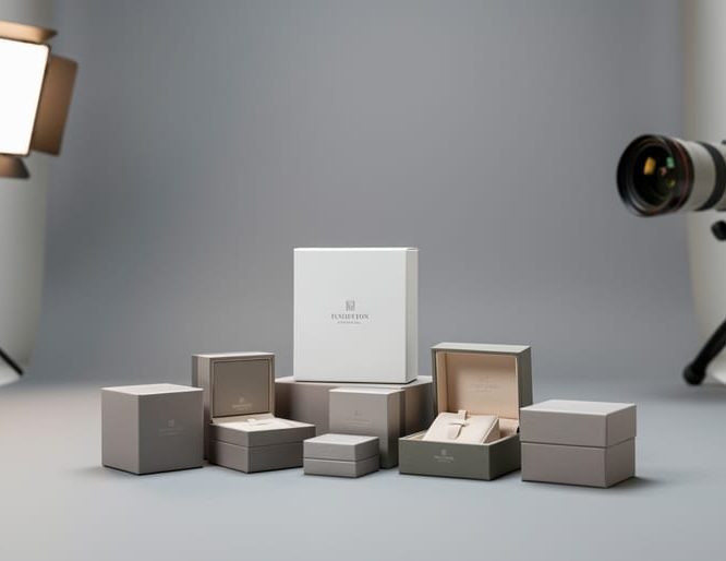 Products and keepsakes staged on a studio table with softbox lighting, representing drop-off and pickup photography services.