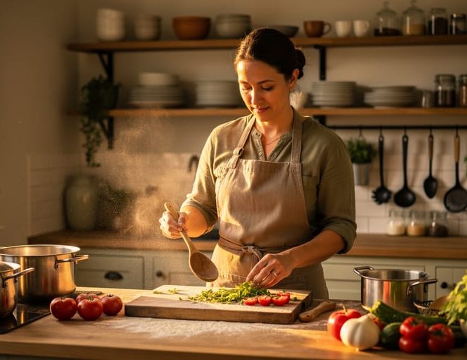 A chef in a cozy kitchen photographed mid-action with warm window light and kitchen details in the background.