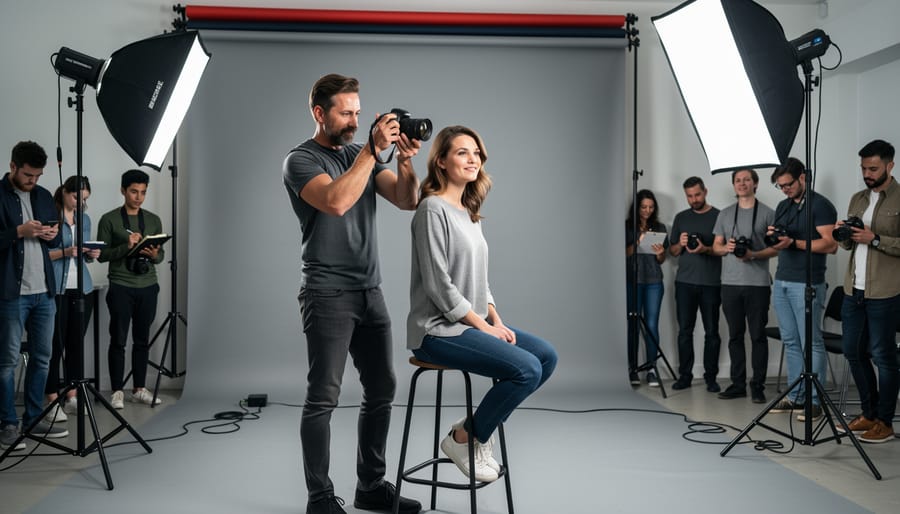 Instructor and student working together on a portrait photography setup in a studio
