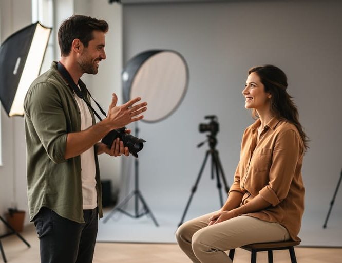 Photographer directing a portrait session in a studio with an off-camera flash modifier and soft, diffused light.