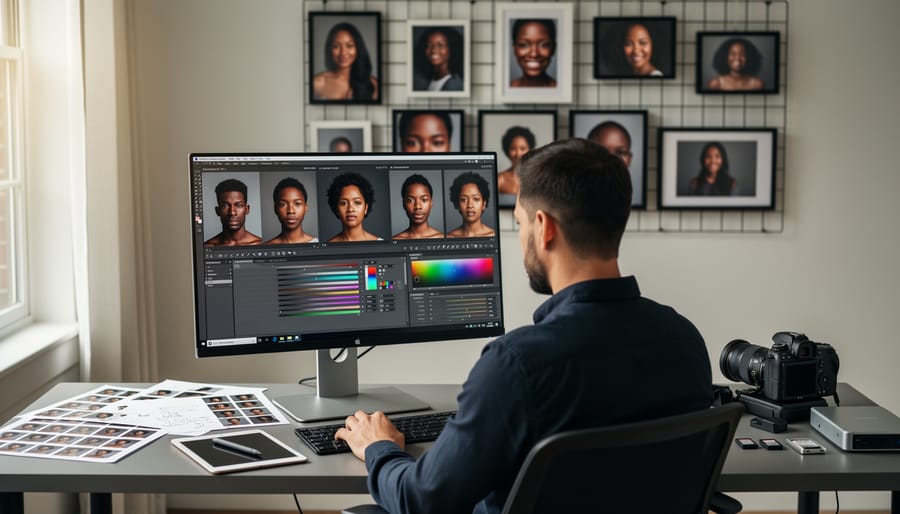 Photographer reviewing portrait images on a laptop with camera gear on a nearby chair