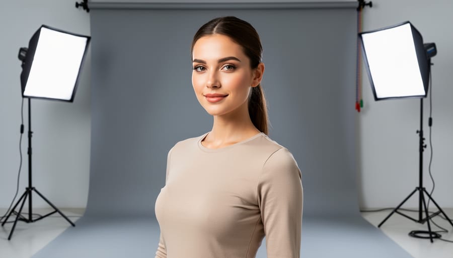 Model seated for a portrait in a studio with soft umbrella lighting and a reflector