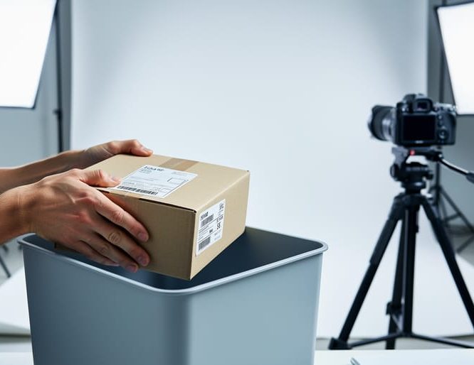 Close-up of hands placing a packaged product box into a studio drop-off area with studio lighting equipment blurred in the background.
