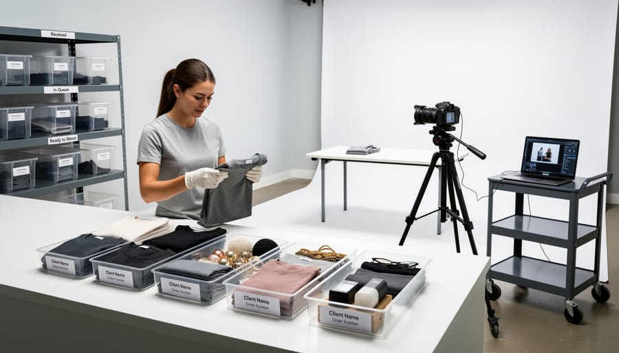 Gloved hands placing sealed packaging boxes on a studio table during a photography intake.