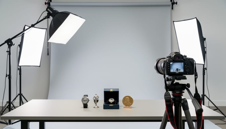 Jewelry and a watch arranged on a studio turntable under softbox lighting.