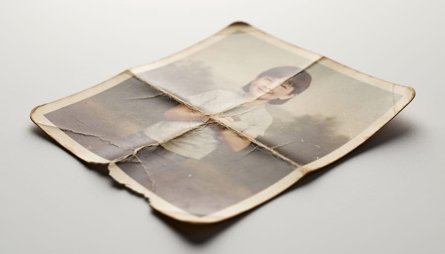 Close-up of a creased and torn vintage photograph resting on a restoration work mat