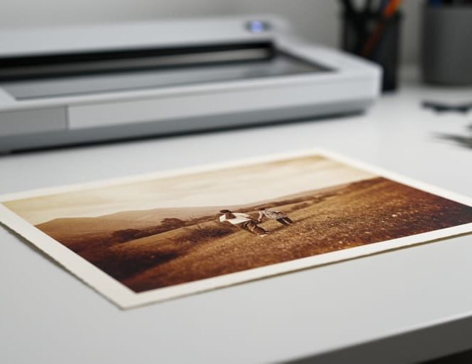 Restored vintage photograph on a desk with a scanning device softly blurred in the background, suggesting professional digital photo recovery through drop-off services.