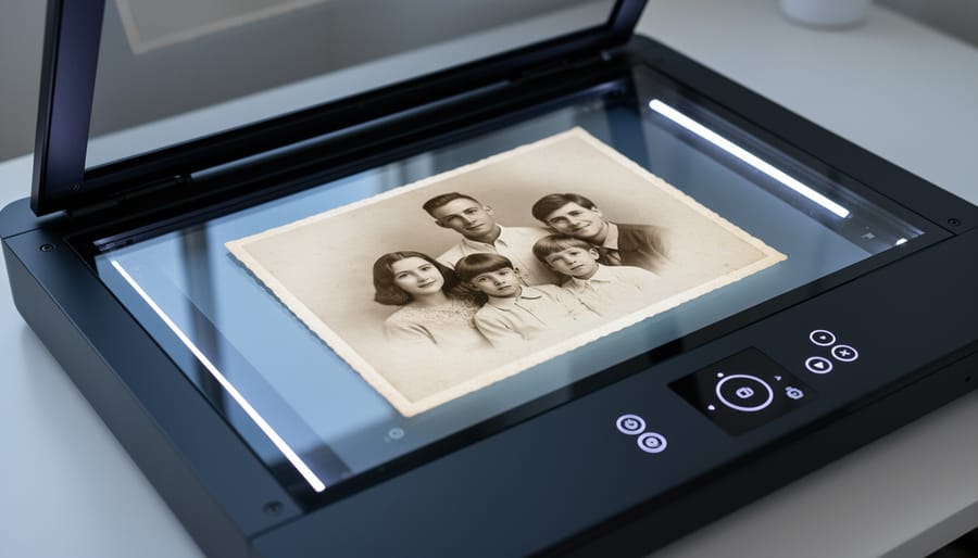 Flatbed scanner lid open with a restored family portrait on the scanning bed